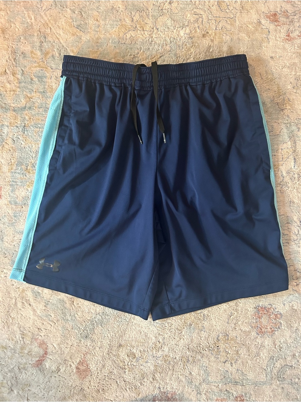 Under Armour Navy Shorts with Light Teal Side Panels, Fitted, Heatgear